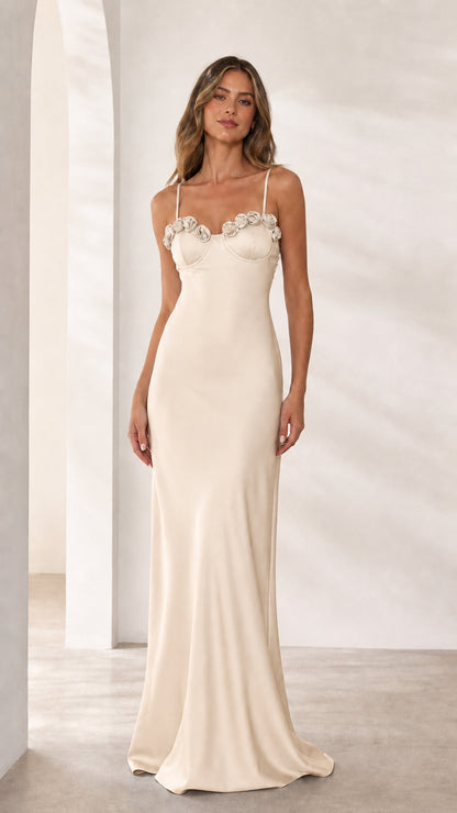 Front view of champagne elegant evening dress