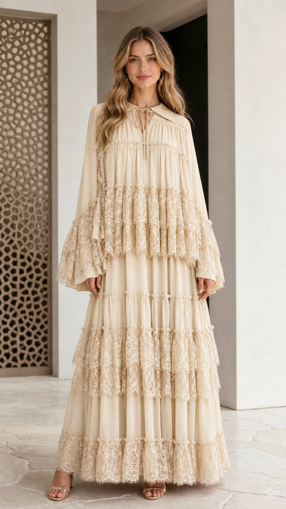 Cream beige tiered lace long sleeve maxi dress front view