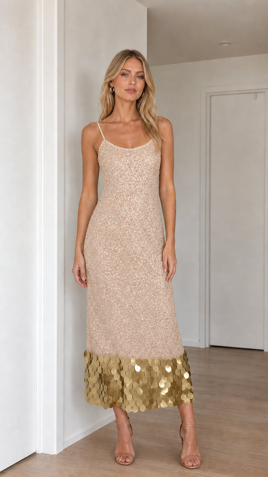 Model wearing champagne sequin midi dress