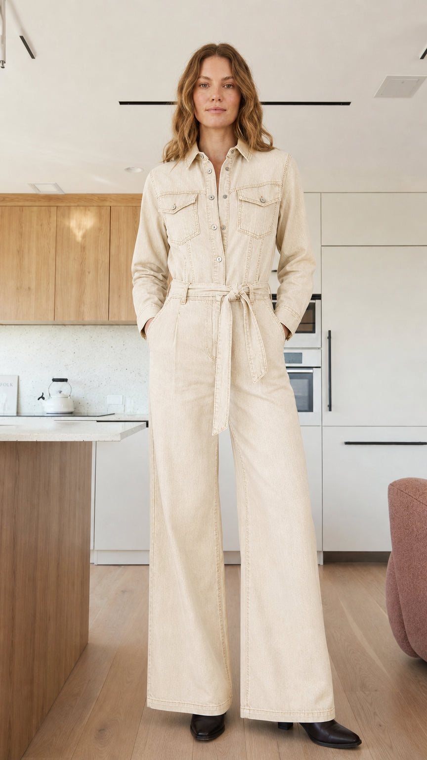 Model wearing off-white denim jumpsuit