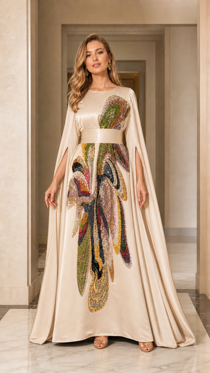 Front view of champagne evening dress with cape sleeves