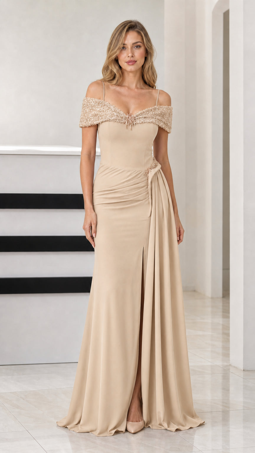 Front view of champagne nude off-the-shoulder beaded formal gown