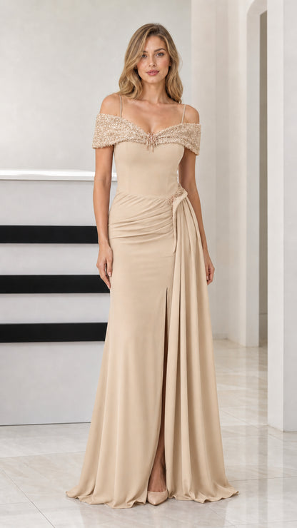 Front view of champagne nude off-the-shoulder beaded formal gown