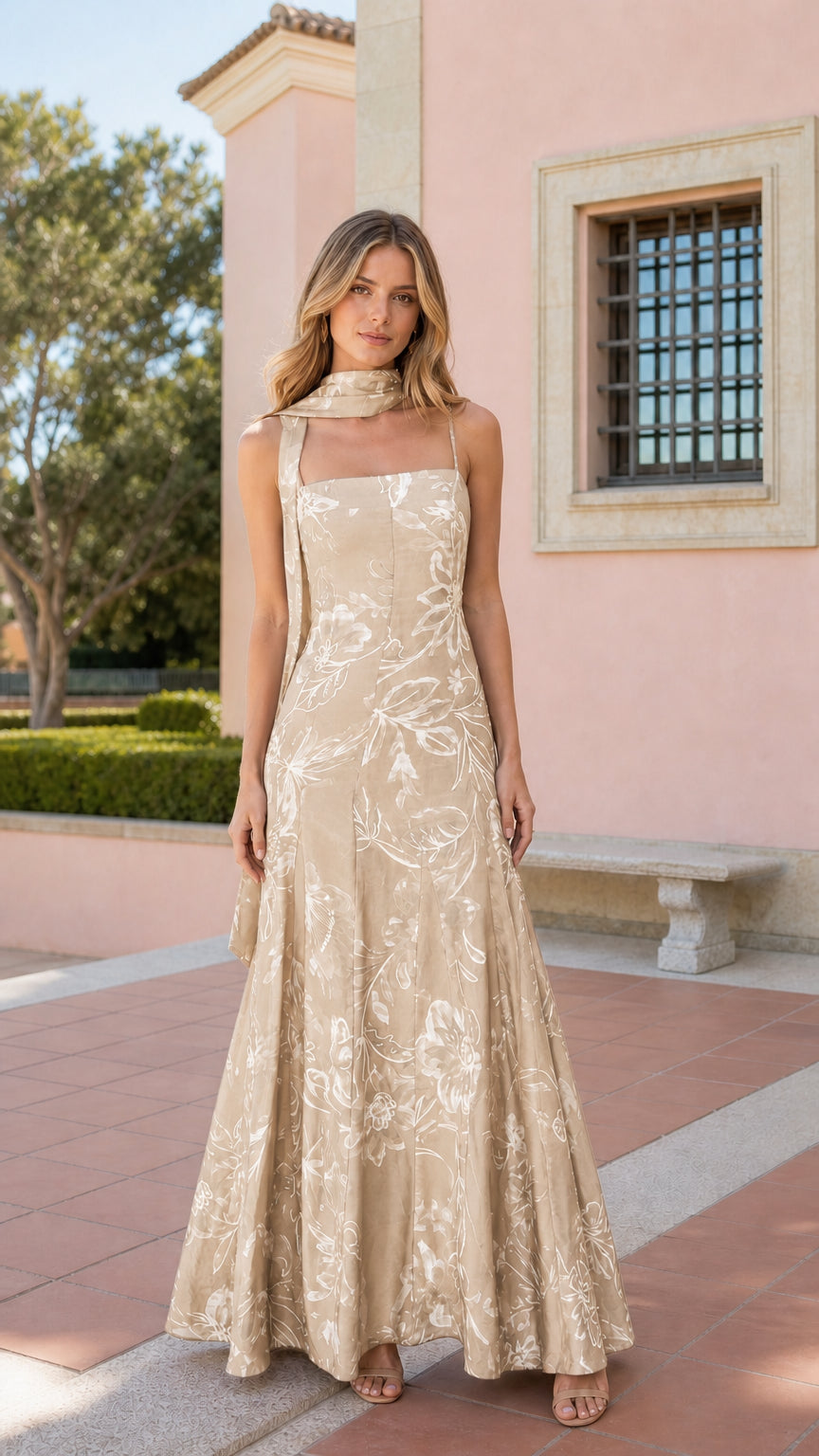 Front view of champagne floral satin maxi dress