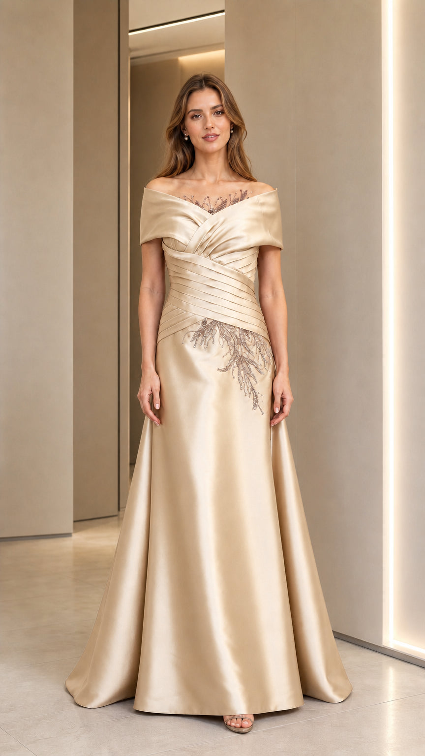 Front view of champagne off-shoulder evening gown