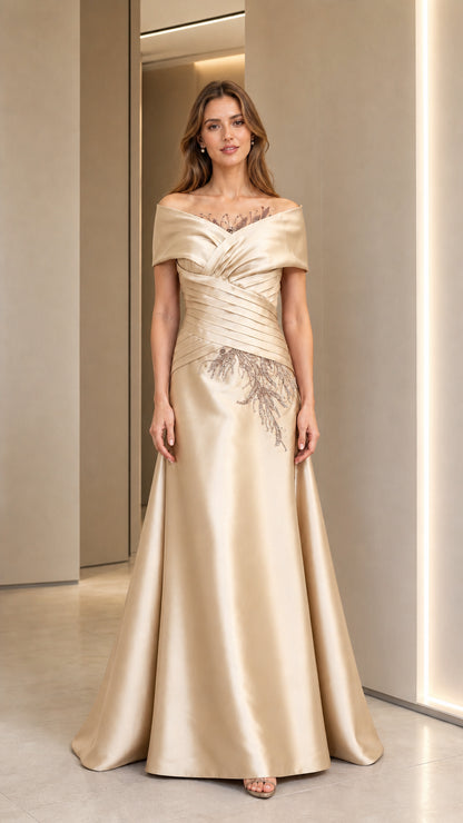 Front view of champagne off-shoulder evening gown