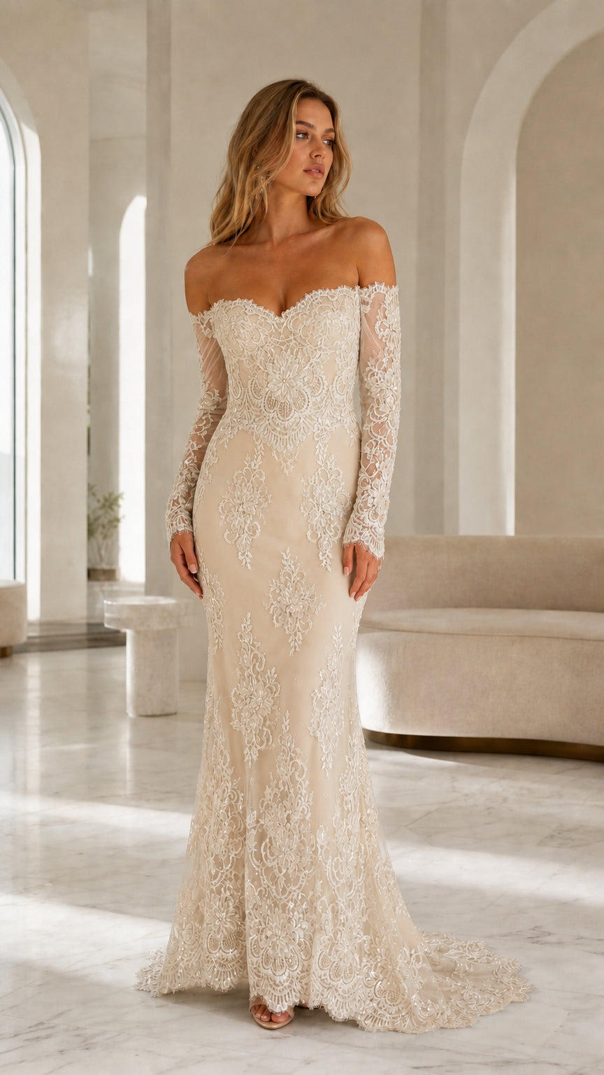 Model wearing champagne off-the-shoulder lace evening gown