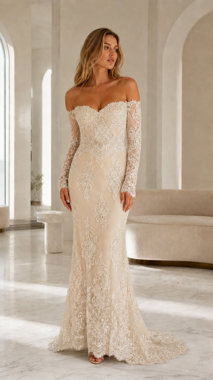 Model wearing champagne off-the-shoulder lace evening gown