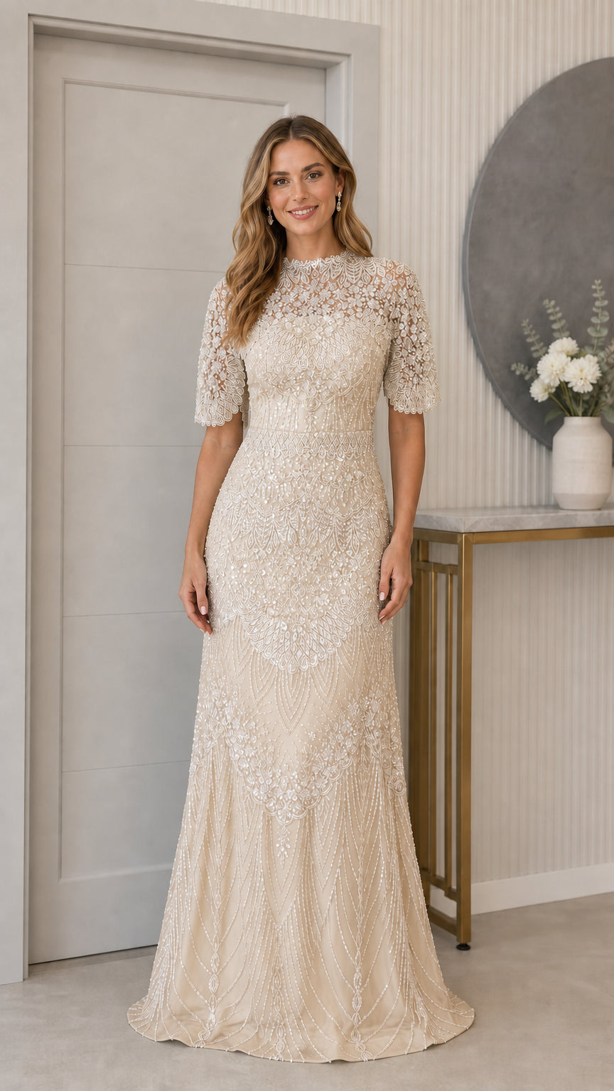 Champagne ivory beaded illusion half-sleeve formal maxi gown
