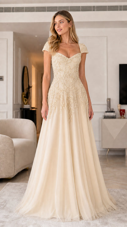 Champagne variant of the embroidered tulle evening gown