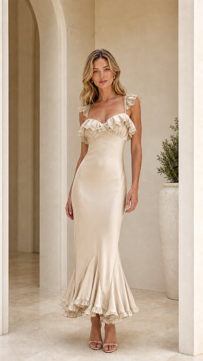 Model wearing champagne ruffle trim maxi dress