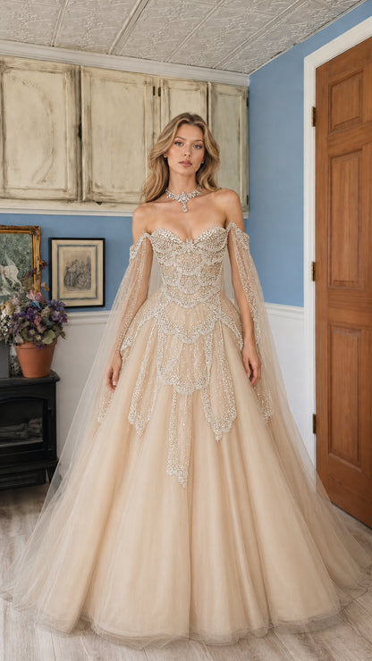 Champagne gold sweetheart beaded ball gown with sheer drape cape sleeves