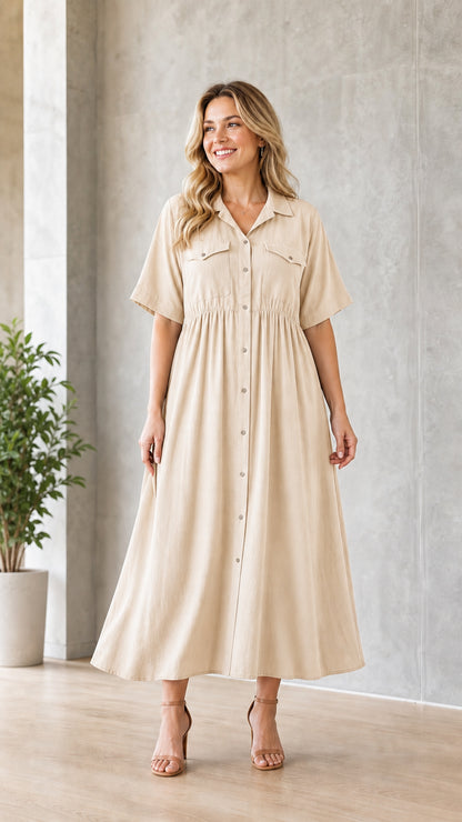Woman wearing beige utility midi shirt dress