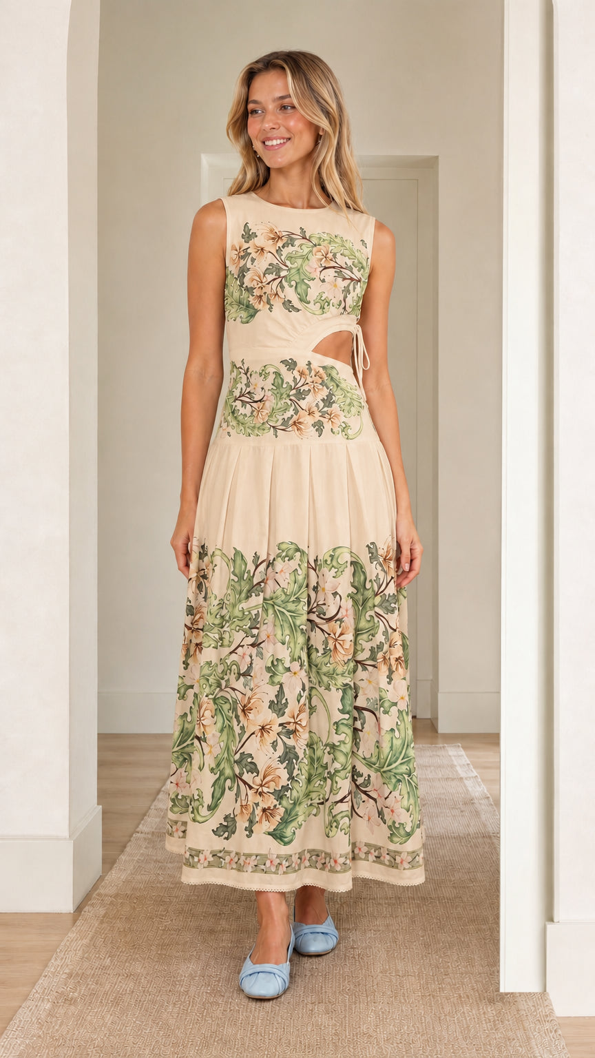 Woman wearing beige floral print cutout maxi dress