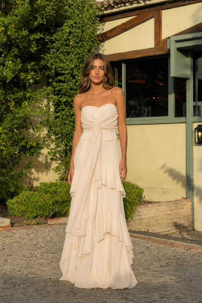 Front view of champagne strapless evening dress