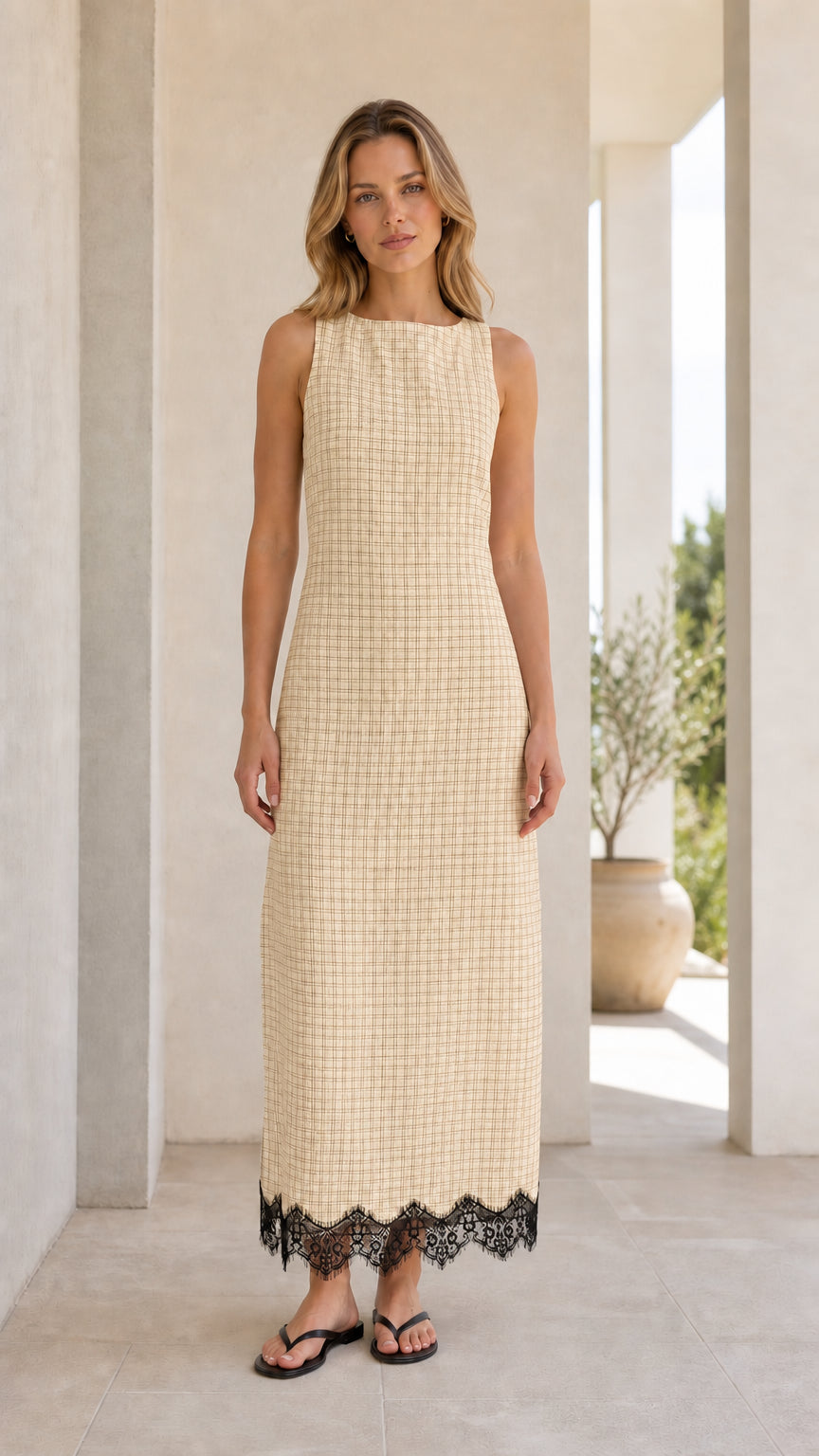 Front view of model wearing beige gingham midi dress