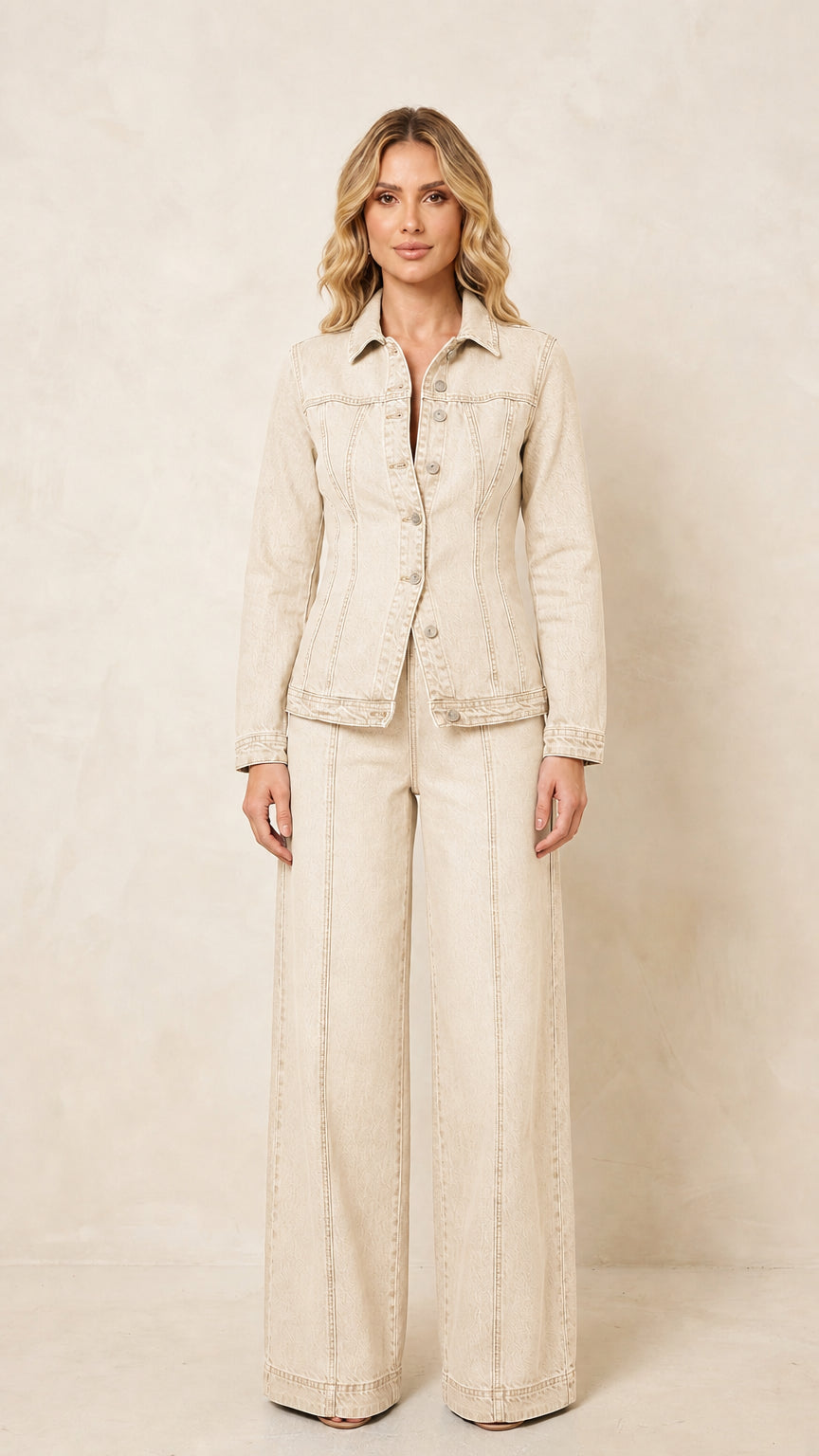 Front view of the women's cream denim-style jacket and wide-leg pants set