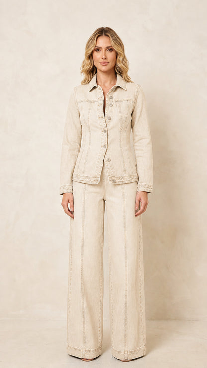 Front view of the women's cream denim-style jacket and wide-leg pants set