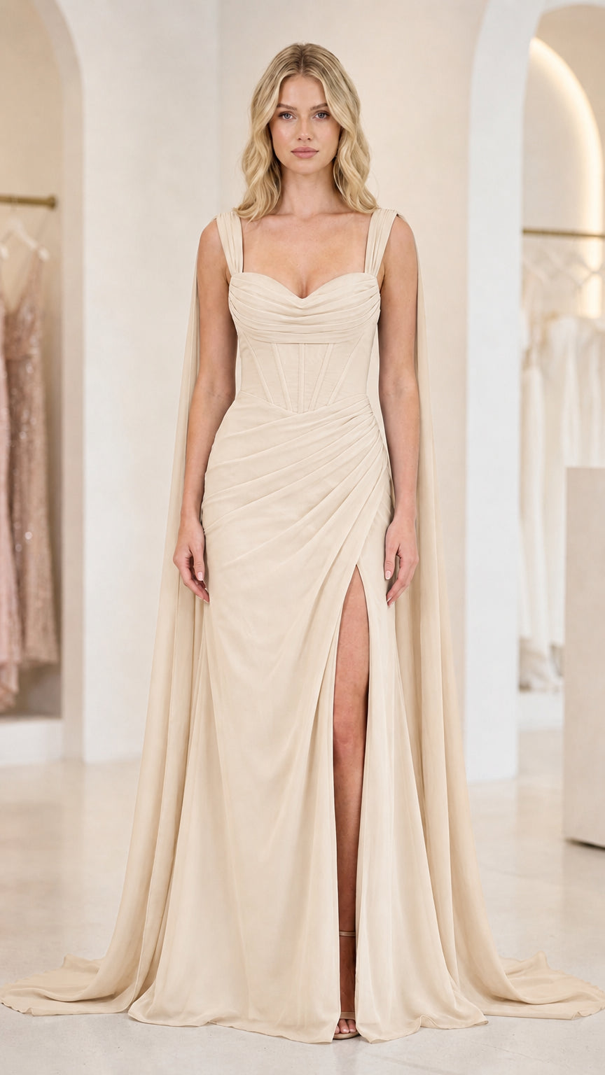 Front view of champagne evening gown with cape
