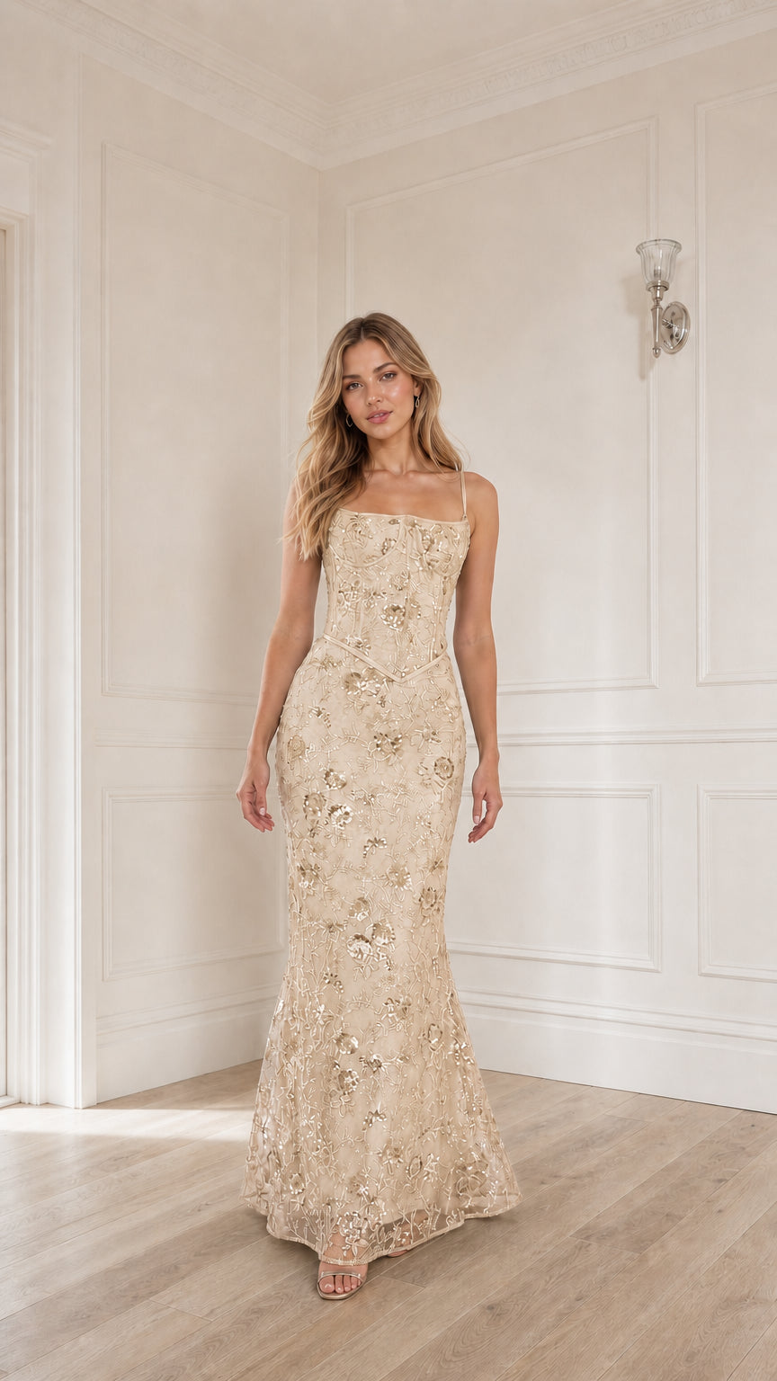 Woman wearing champagne sequin embroidered corset maxi dress
