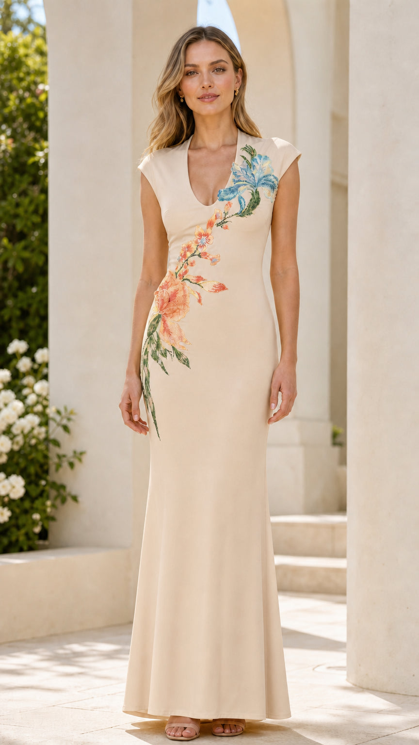Front view of champagne floral beaded evening dress