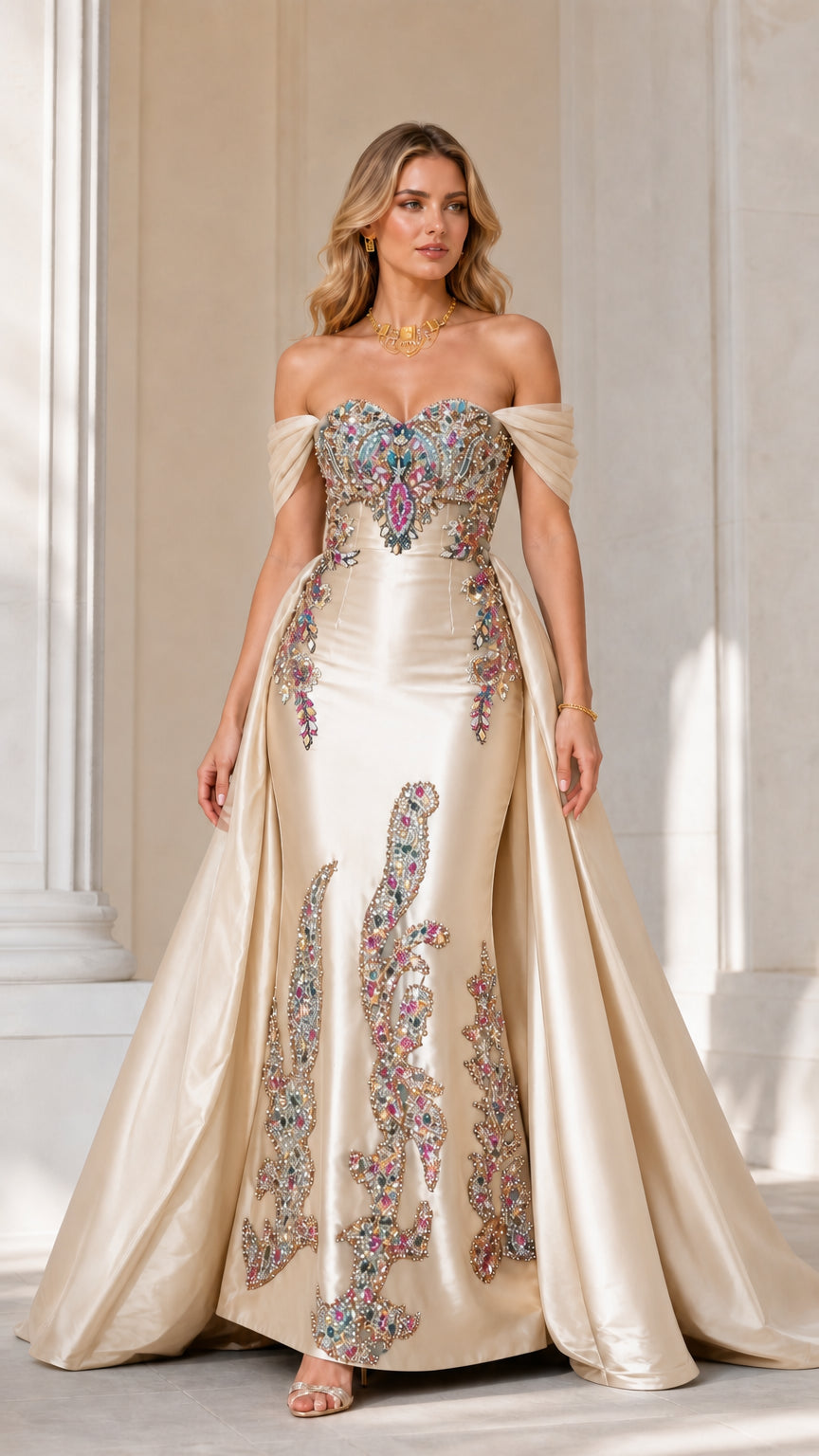 Champagne variant of beaded mermaid evening gown