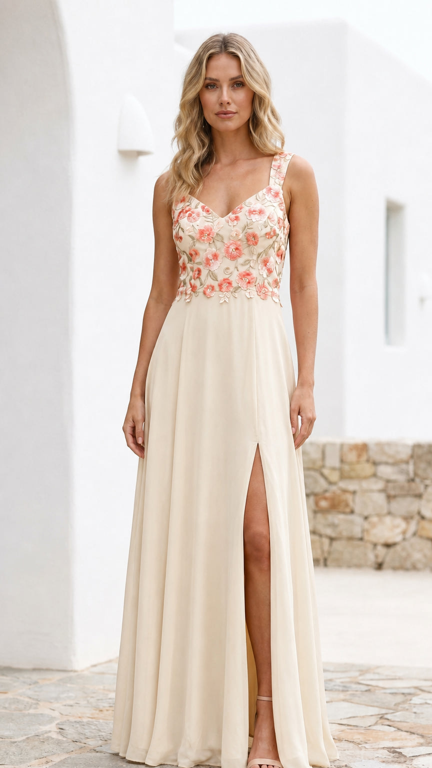 Front view of champagne floral embroidered maxi dress