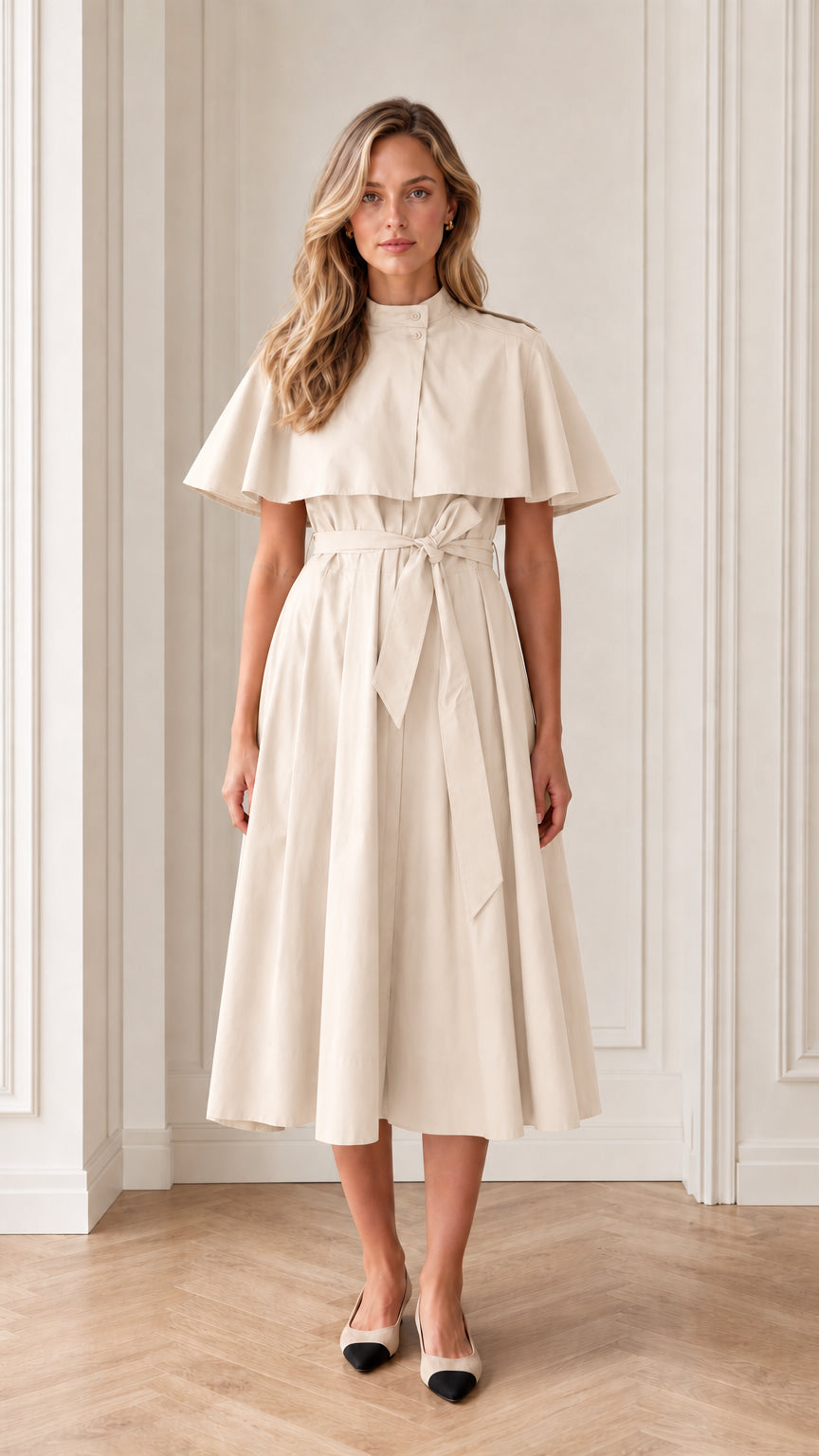 Model wearing cream off-white trench capelet belted midi dress