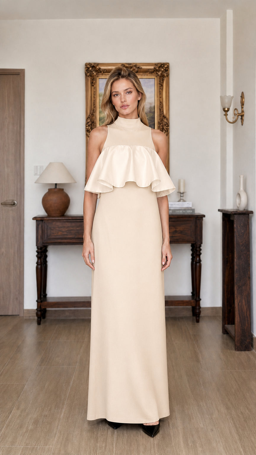 Model wearing champagne ruffle maxi dress