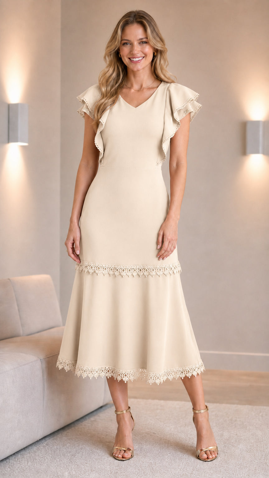 Woman wearing champagne V-neck ruffle sleeve midi dress