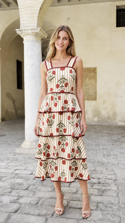 Model wearing beige striped floral embroidered midi dress