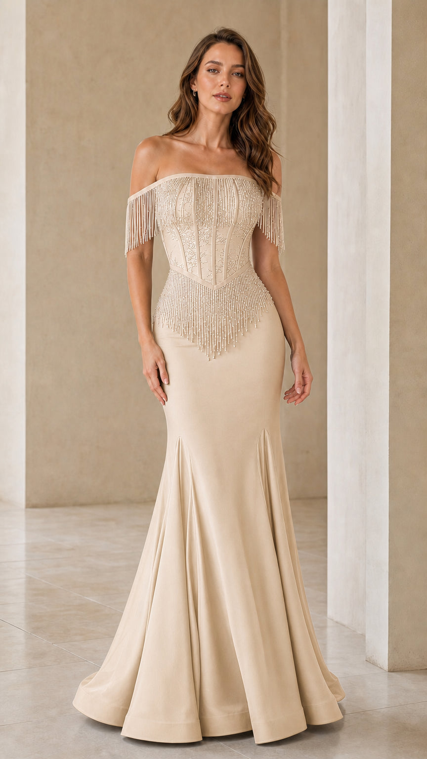 Champagne off-shoulder beaded evening dress