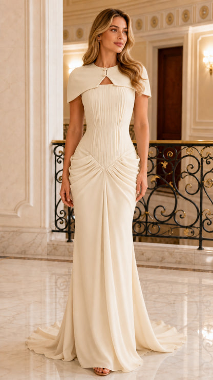 Front view of champagne cream pleated cape evening dress