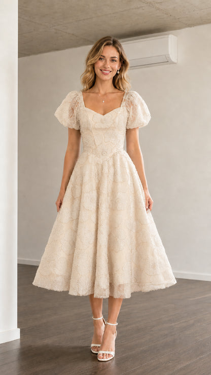 Front view of champagne puff sleeve midi dress