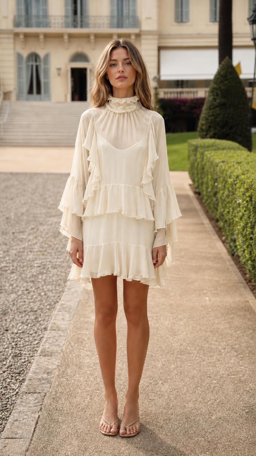 Front view of model in cream color variant