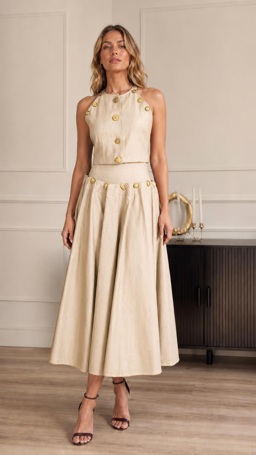Full-length view of model in beige two-piece set