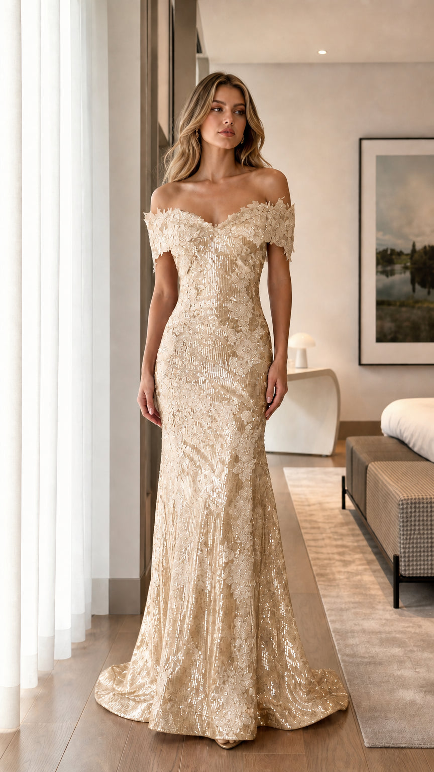 Front view of champagne gold off-shoulder sequin gown