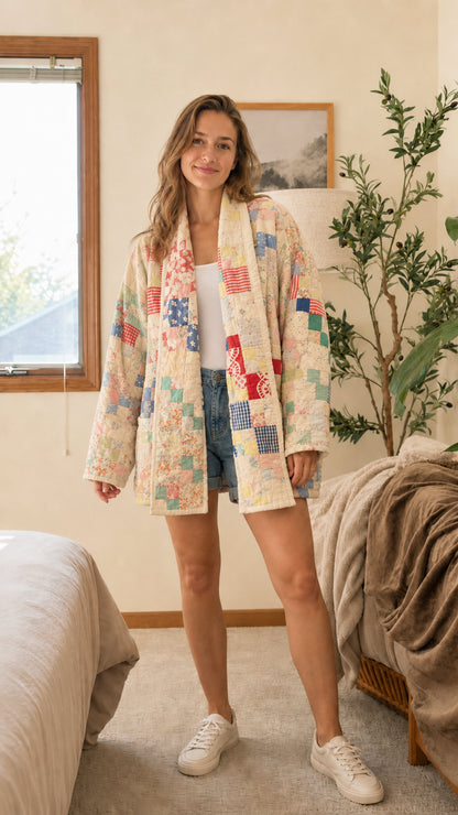 Front full-length view of woman wearing Beige Multi floral patchwork quilted coat