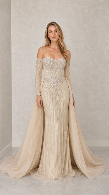 Front view of champagne variant beaded evening gown