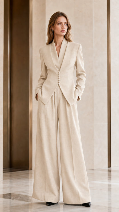 Full length view of women's cream ivory 2-piece tailored pant suit set