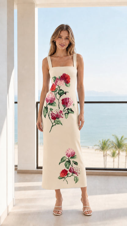 Front view of model wearing Cream floral midi dress