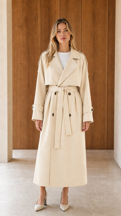 Model wearing cream off-white double-breasted longline trench coat