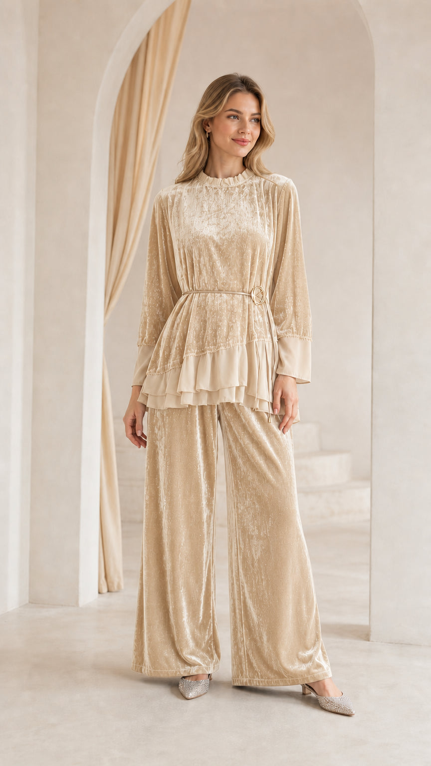 Front view of woman wearing champagne beige crushed velvet two-piece pant set