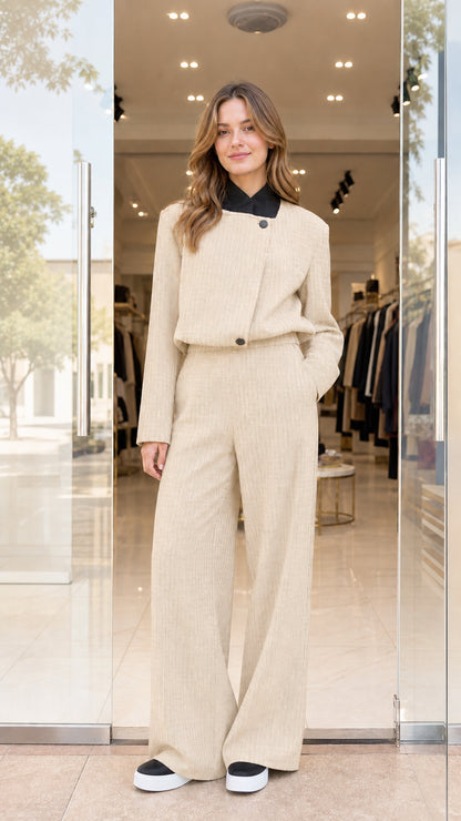Front view of model wearing cream beige cropped blazer and wide-leg pants set