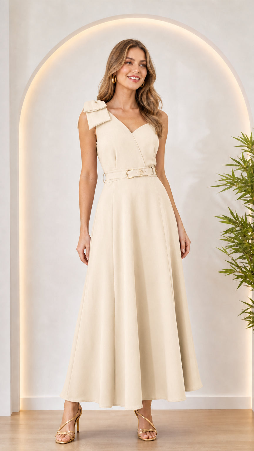 Woman wearing cream bow shoulder maxi dress
