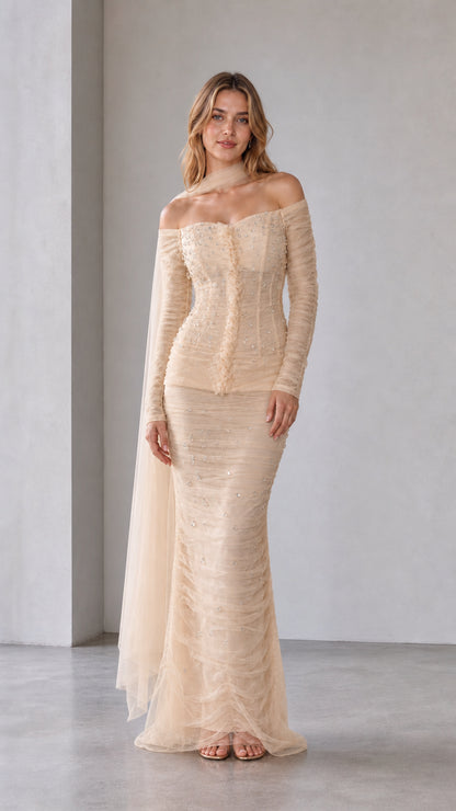 Champagne embellished off-shoulder mermaid maxi dress with tulle overlay