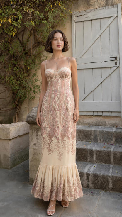 Model wearing champagne beige paisley maxi dress variant