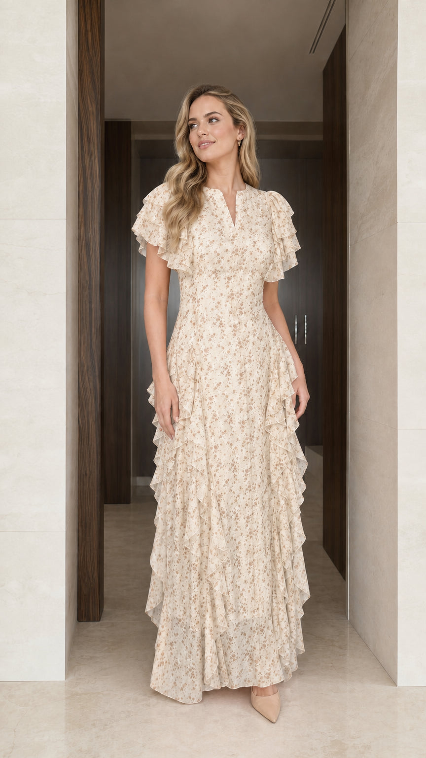 Model wearing cream floral ruffle maxi dress