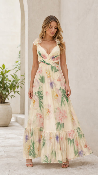 Yellow floral print maxi dress