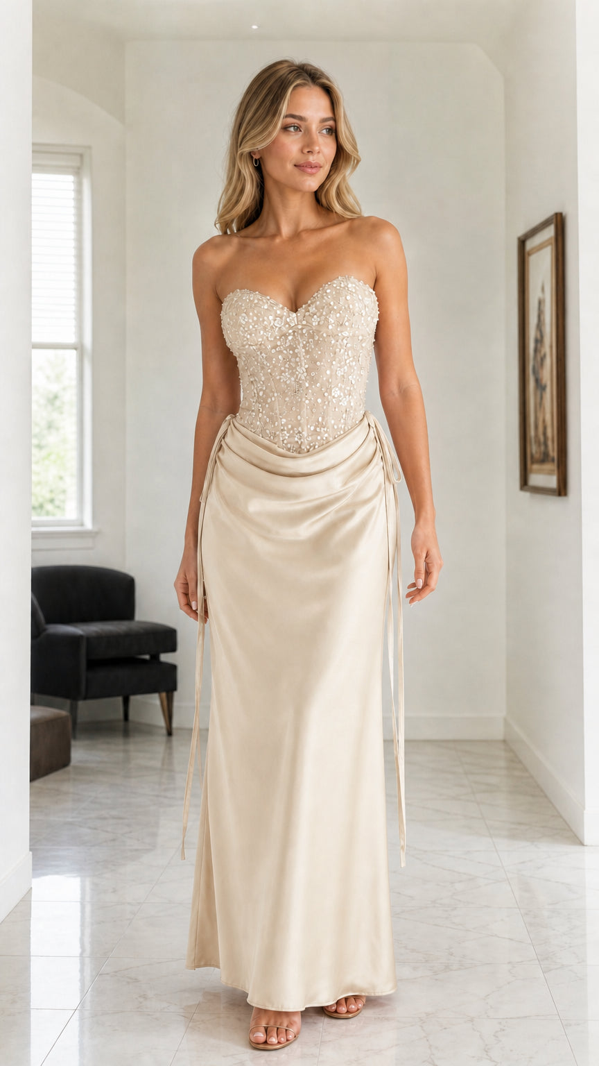 Champagne variant of the sequin corset satin maxi dress